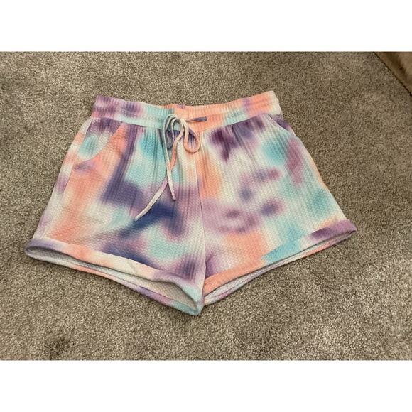 Pastel Blend Tie-Dye Waffle Knit Pajama Lounge Shorts Set, sz L - Picture 5 of 6